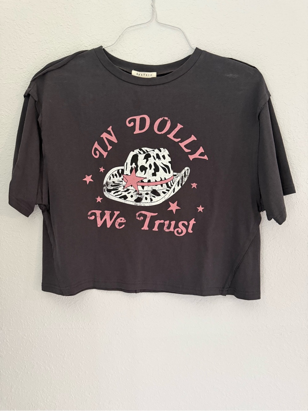 Black Short Sleeve cropped Tee with Pink 'In Dolly We Trust' Graphic